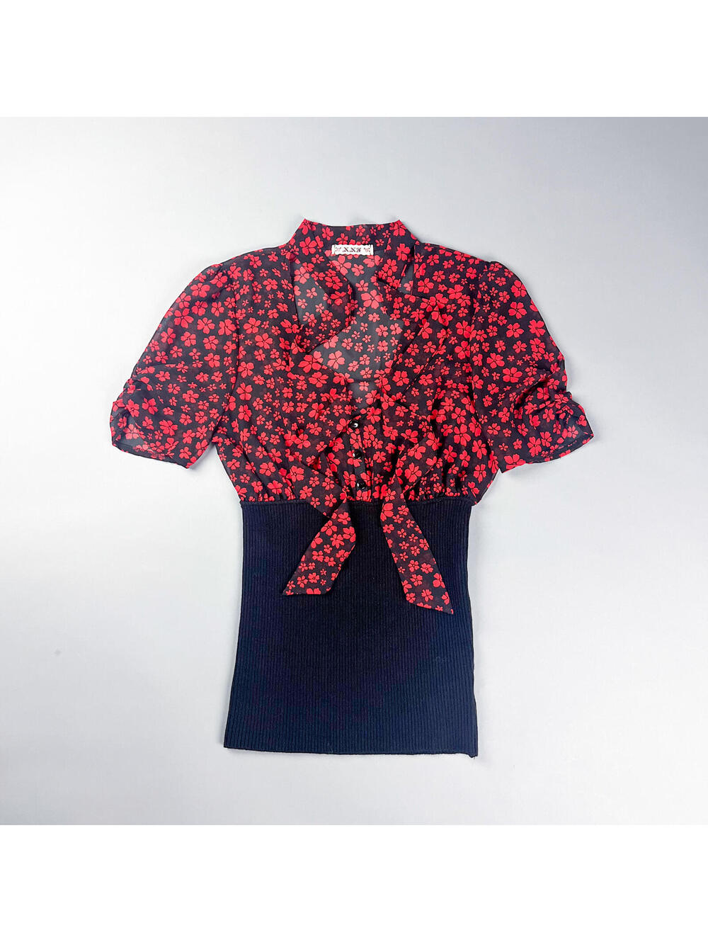 Y2K Black and Red Floral Patterned Puff Sleeve Top with Neck Tie
